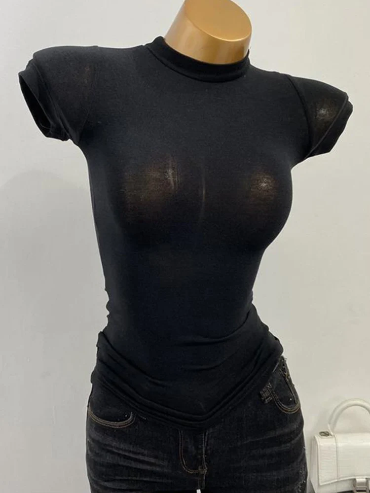 Half-high Collar T-shirt korean Transparent Short-sleeved Slim-fit Elastic Solid Inner Bottoming Shirt Sexy Big Chest T-shirt - Image 3