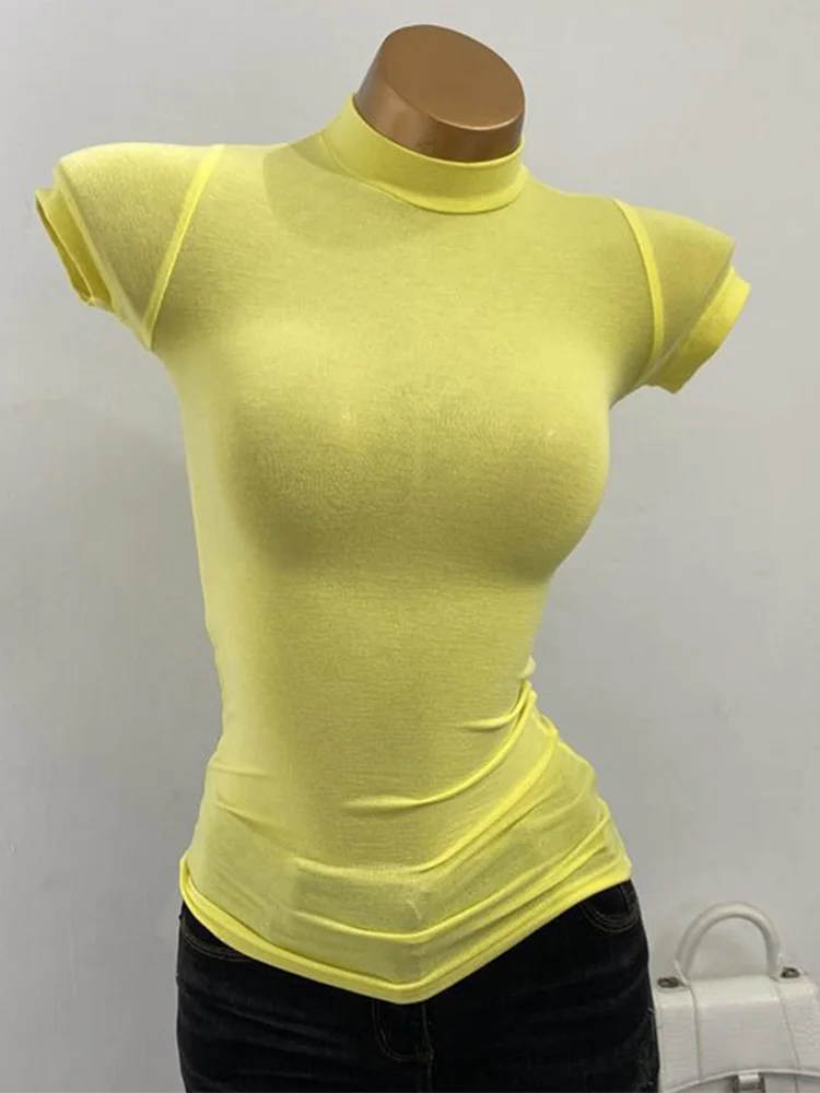 Half-high Collar T-shirt korean Transparent Short-sleeved Slim-fit Elastic Solid Inner Bottoming Shirt Sexy Big Chest T-shirt - Image 5