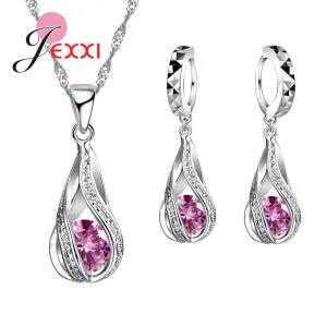 High Quality Austrian CZ Crystal Necklace and Earrings 925 Sterling Silver Jewelry Sets for Women Wedding Accessories