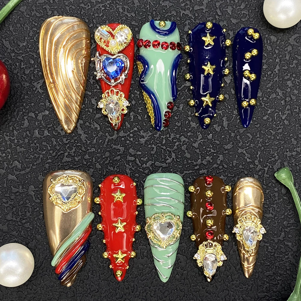Hot 3D Decoration Salon Quality Stiletto Glossy Handmade Press on Nails Soft Gel Carved Luxury 10PCS Thick Acrylic Fingernails - Image 2