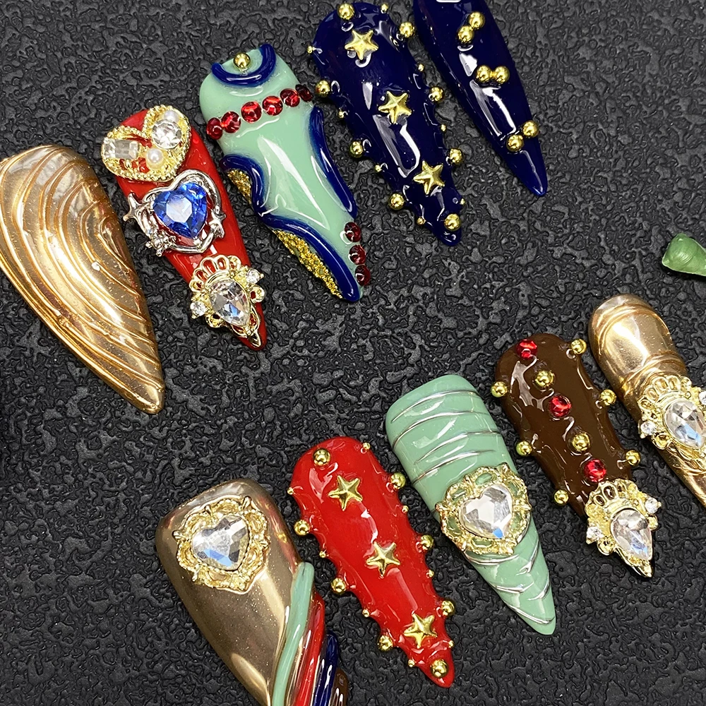 Hot 3D Decoration Salon Quality Stiletto Glossy Handmade Press on Nails Soft Gel Carved Luxury 10PCS Thick Acrylic Fingernails - Image 4