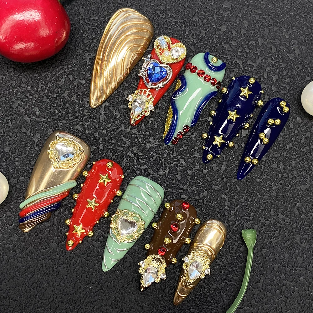 Hot 3D Decoration Salon Quality Stiletto Glossy Handmade Press on Nails Soft Gel Carved Luxury 10PCS Thick Acrylic Fingernails - Image 3