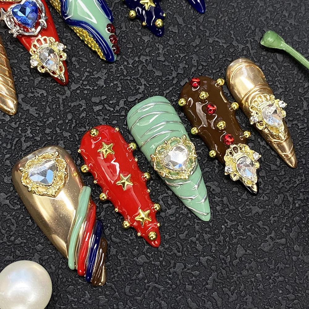 Hot 3D Decoration Salon Quality Stiletto Glossy Handmade Press on Nails Soft Gel Carved Luxury 10PCS Thick Acrylic Fingernails - Image 5