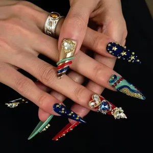 Hot 3D Decoration Salon Quality Stiletto Glossy Handmade Press on Nails Soft Gel Carved Luxury 10PCS Thick Acrylic Fingernails
