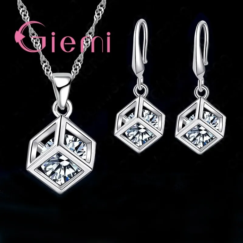 Hot Sale Big Promotion 925 Sterling Silver Jewelry Set Wedding Accessories Shiny Crystal Pendant Necklace Earrings