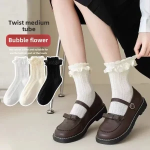 JK Japanese Lace Bow Ruffle Socks Kawaii Lolita Short Socks Cotton Socks Lacework Stockings Women's Mid-tube Solid Stockings