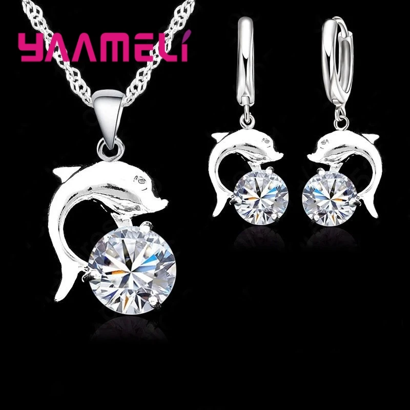 Jewelry Sets for Women Grils Wedding Engagement CZ Diamond 925 Sterling Silver Color Dolphin Pendant Necklace Hoop Earrings - Image 2