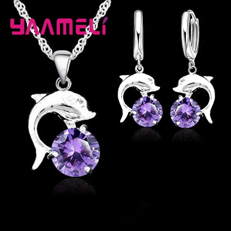 Jewelry Sets for Women Grils Wedding Engagement CZ Diamond 925 Sterling Silver Color Dolphin Pendant Necklace Hoop Earrings - Image 3