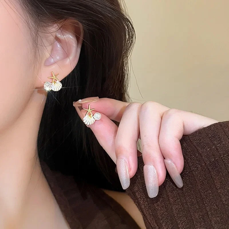 Korean Imitation Pearl Colorful Starfish Stud Earrings For Women Girls Delicate Temperament Earrings Jewelry Summer Beach Gifts