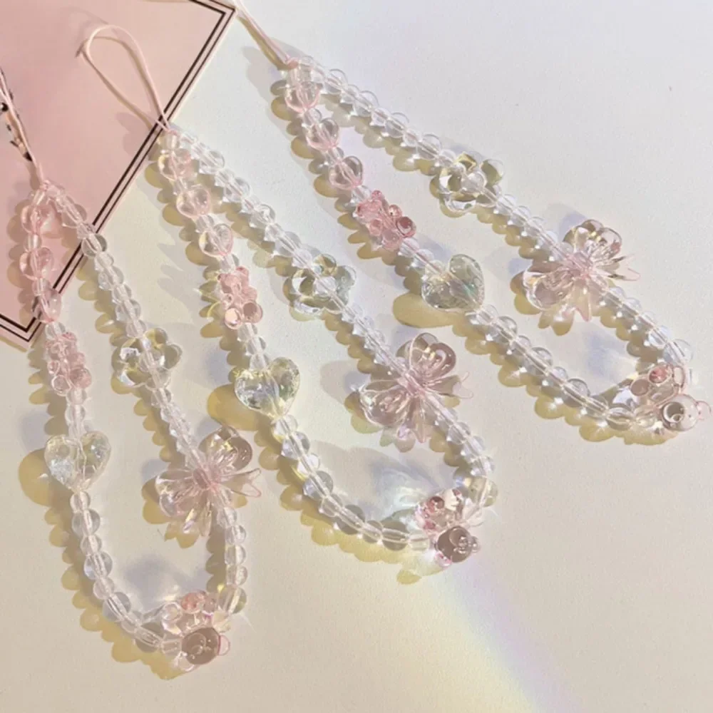 Korean Pink Bear Butterfly Flower Phone Strap Charm Chain Knot Cellphone Lanyard Keychain Woman Girl Bag Camera Pendant For Case - Image 4