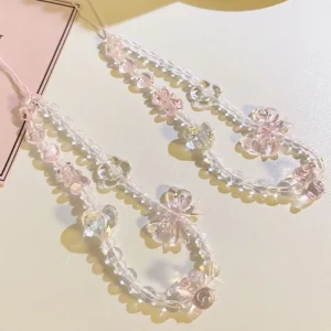 Korean Pink Bear Butterfly Flower Phone Strap Charm Chain Knot Cellphone Lanyard Keychain Woman Girl Bag Camera Pendant For Case