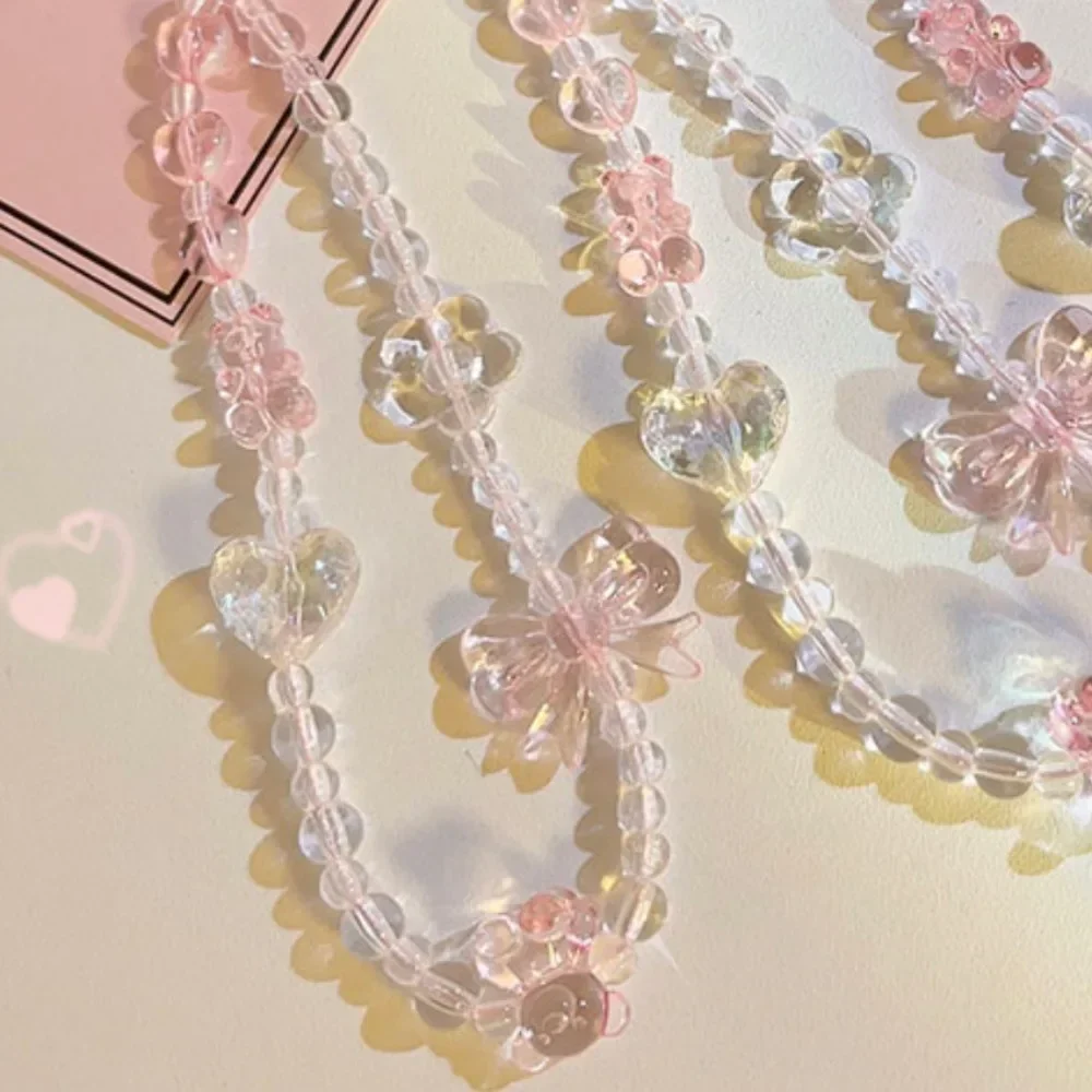 Korean Pink Bear Butterfly Flower Phone Strap Charm Chain Knot Cellphone Lanyard Keychain Woman Girl Bag Camera Pendant For Case - Image 5