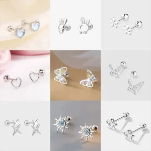 Korean Silver Color Tragus Piercing Helix Studs Earrings For Women 2Pcs Butterfly Heart Trendy Ear Piercing Body Jewelry Gifts