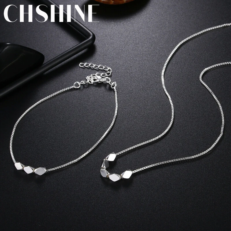 Korean fashion 925 sterling Silver box chain bracelets neckalce for women Party wedding accessories jewelry sets Couple gifts