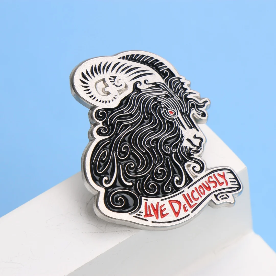 LIVE DELICIOUSLY Goat Enamel Pin - Cartoon Punk Lapel Badge for Backpack Clothing DIY Gift - Image 3