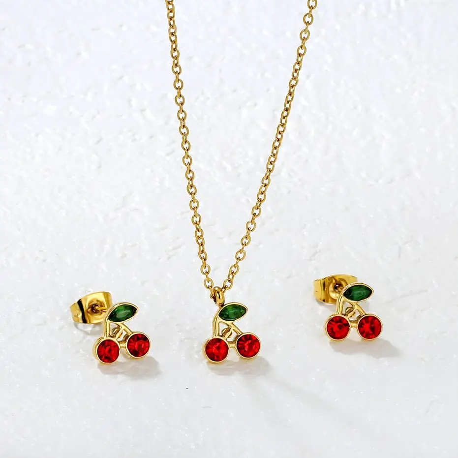 LUXUKISSKIDS Girls/Woman Steel Delicate Red Cherry Jewelry Set CZ Zirconia Cute Charm Pendant Necklace Earrings Sets Party Gifts - Image 5