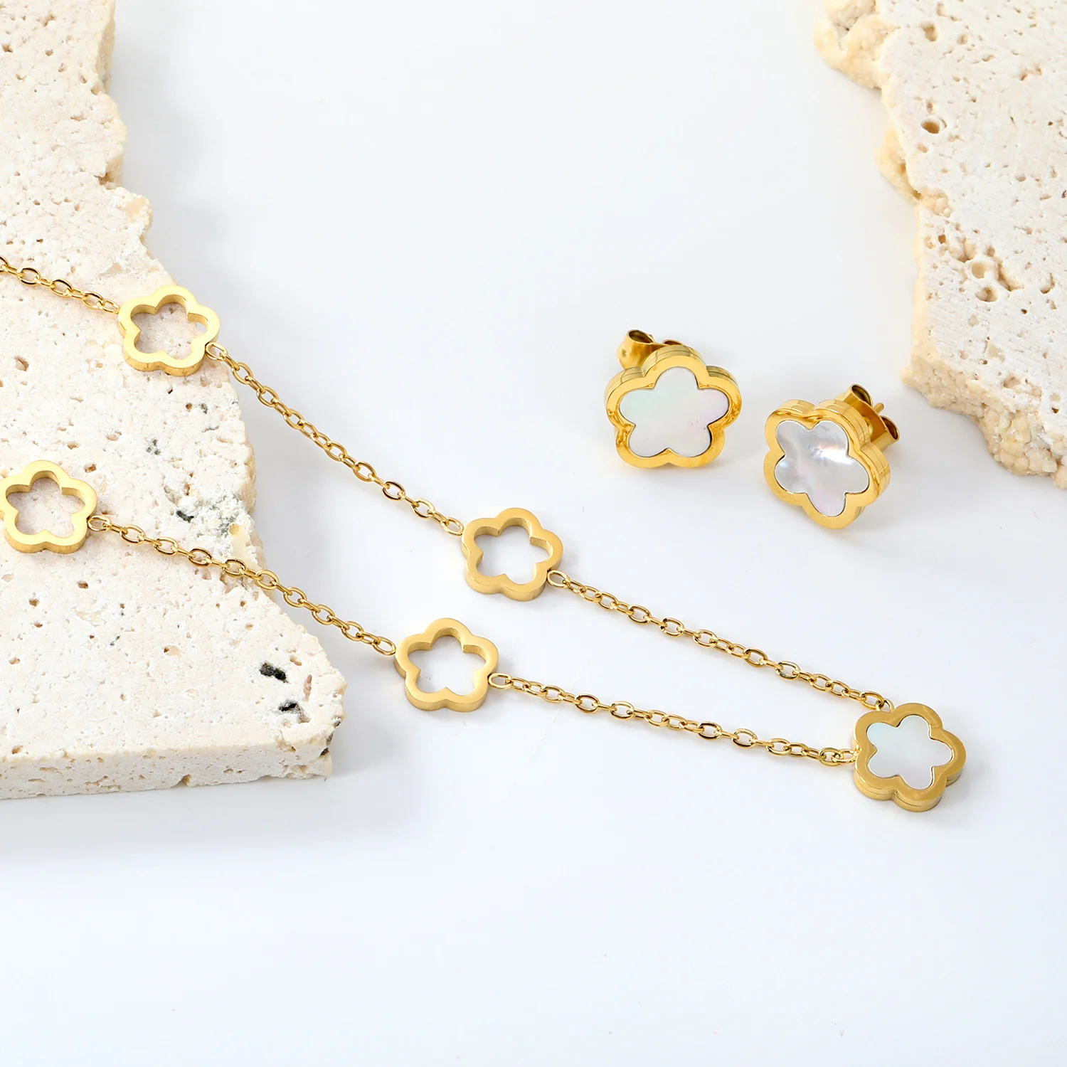 LUXUKISSKIDS Golden Clover Shell Jewelry Set for Women/Girls Stainless Steel Flower Necklace Earrings Sets Elegant Accessories - Image 3