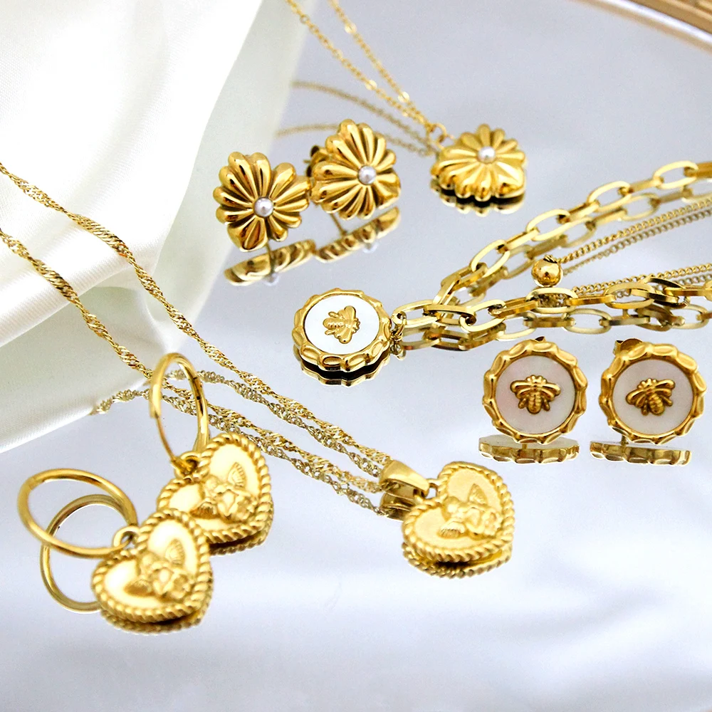 LUXUKISSKIDS Luxury Design Gold-Plated Trendy Necklace Earrings Women Jewelry Sets Fine Shell Bee Pendant Vintage Gorgeous Party - Image 2