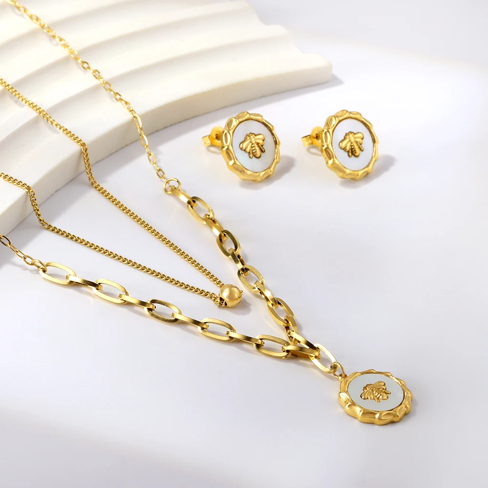 LUXUKISSKIDS Luxury Design Gold-Plated Trendy Necklace Earrings Women Jewelry Sets Fine Shell Bee Pendant Vintage Gorgeous Party - Image 3