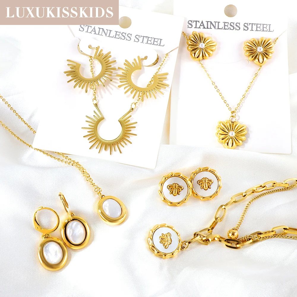 LUXUKISSKIDS Luxury Design Gold-Plated Trendy Necklace Earrings Women Jewelry Sets Fine Shell Bee Pendant Vintage Gorgeous Party