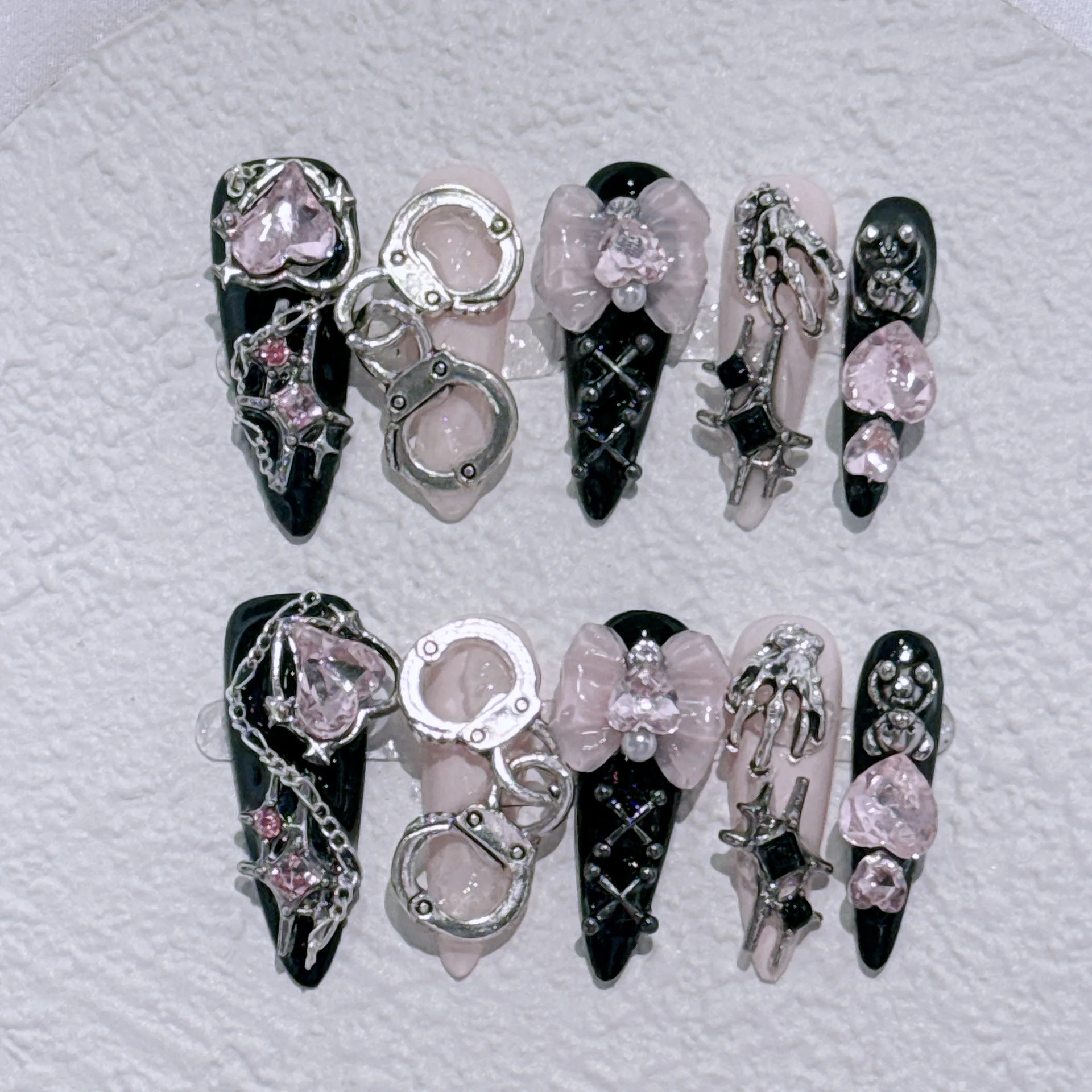 Long Stiletto Press on Fake Nails Blue Heart Diamond Bow Decoration False Nail Y2K Fashion Artificial Nail Handmade Acrylic Nail
