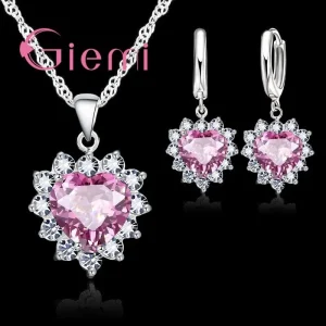 Love Heart Crystal Pendant 925 Sterling Silver Party Jewelry Sets Necklace Earrings For Women Valentine Gifts