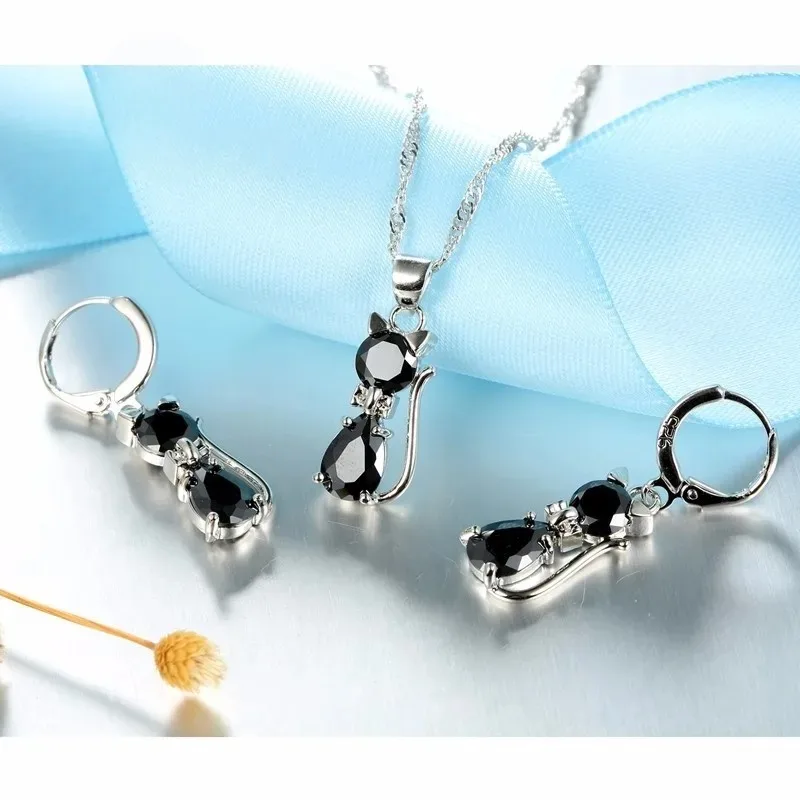Lovely Small Cat Design Cubic Zircon Pendant Necklace Earrings Set for Women 925 Sterling Silver Jewelry Sets Party Jewelry Gift - Image 4