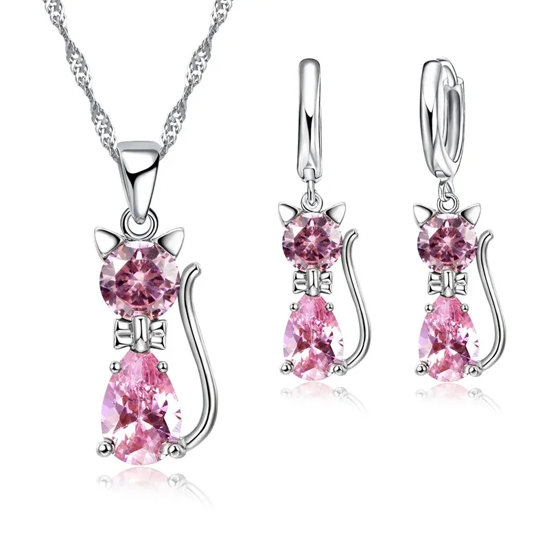 Lovely Small Cat Design Cubic Zircon Pendant Necklace Earrings Set for Women 925 Sterling Silver Jewelry Sets Party Jewelry Gift - Image 3