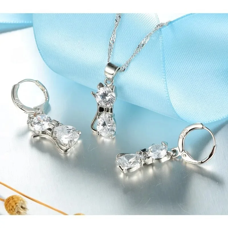 Lovely Small Cat Design Cubic Zircon Pendant Necklace Earrings Set for Women 925 Sterling Silver Jewelry Sets Party Jewelry Gift - Image 5