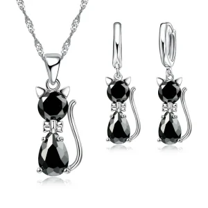 Lovely Small Cat Design Cubic Zircon Pendant Necklace Earrings Set for Women 925 Sterling Silver Jewelry Sets Party Jewelry Gift