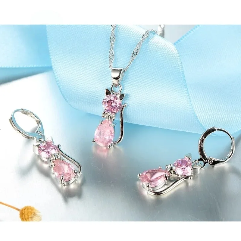 Lovely Small Cat Design Cubic Zircon Pendant Necklace Earrings Set for Women 925 Sterling Silver Jewelry Sets Party Jewelry Gift - Image 6