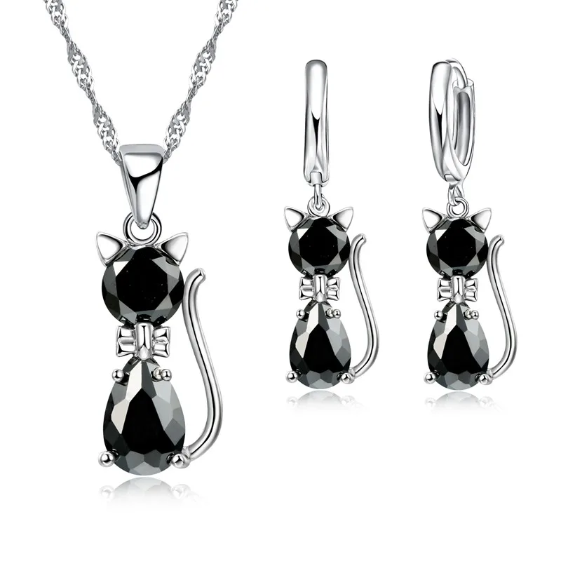 Lovely Small Cat Design Cubic Zircon Pendant Necklace Earrings Set for Women 925 Sterling Silver Jewelry Sets Party Jewelry Gift