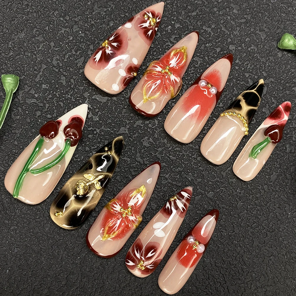 Luxury Handmade Glossy UV Gel Carved Cherry Thick Acrylic Press on Nails 10PCS Glamorous Paint Reusable Artificial Fingernails - Image 2