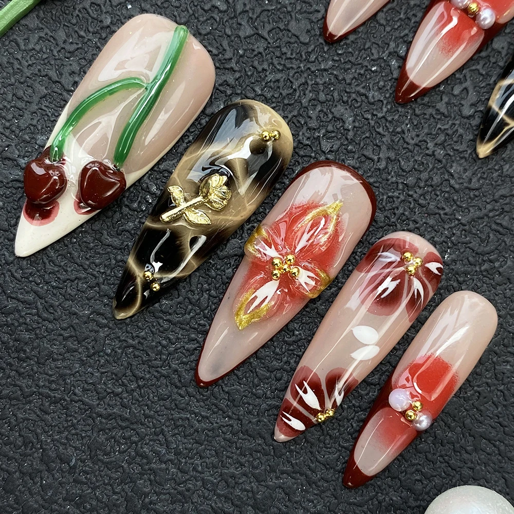 Luxury Handmade Glossy UV Gel Carved Cherry Thick Acrylic Press on Nails 10PCS Glamorous Paint Reusable Artificial Fingernails - Image 4