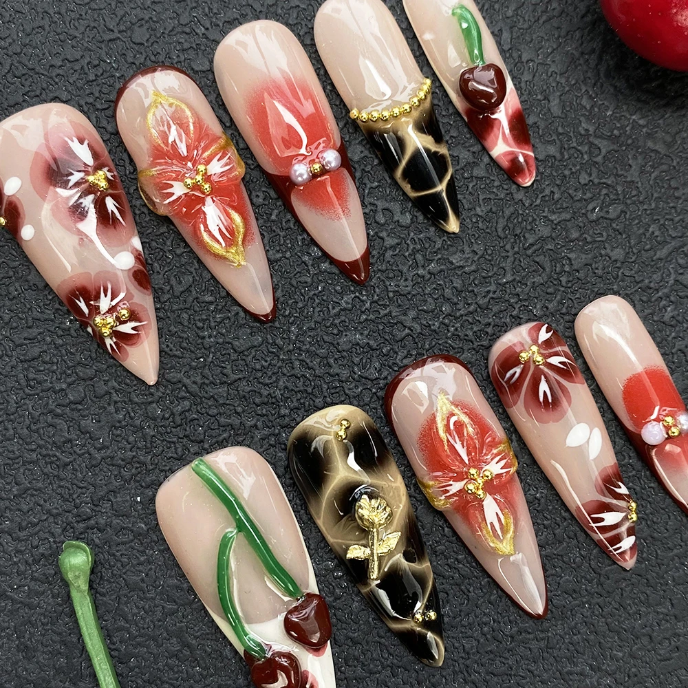 Luxury Handmade Glossy UV Gel Carved Cherry Thick Acrylic Press on Nails 10PCS Glamorous Paint Reusable Artificial Fingernails - Image 3