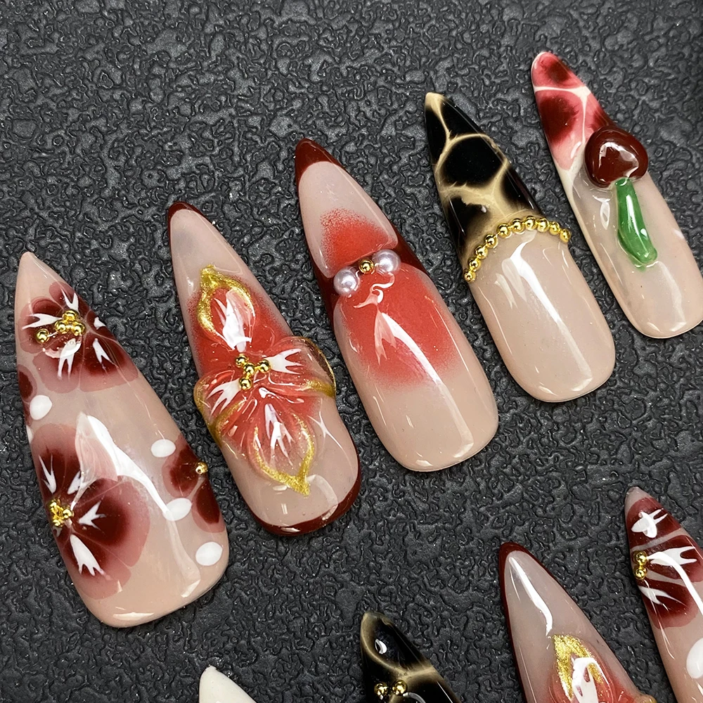Luxury Handmade Glossy UV Gel Carved Cherry Thick Acrylic Press on Nails 10PCS Glamorous Paint Reusable Artificial Fingernails - Image 5