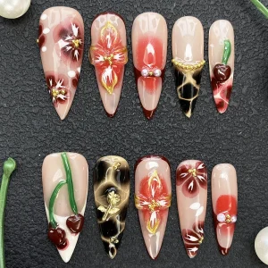 Luxury Handmade Glossy UV Gel Carved Cherry Thick Acrylic Press on Nails 10PCS Glamorous Paint Reusable Artificial Fingernails