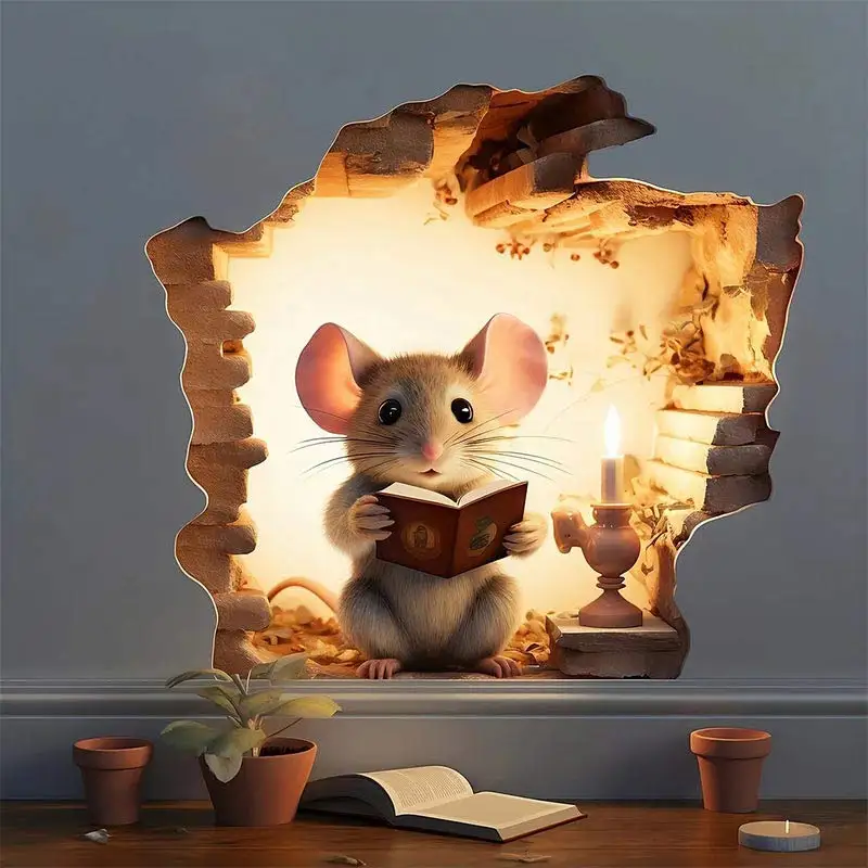M736 Mouse Hole Wall Sticker, Mouse Book Lover's Vinyl Decal, Mouse Reading Decor, Cute Mouse in a Hole, Mouse Sticker - Image 2