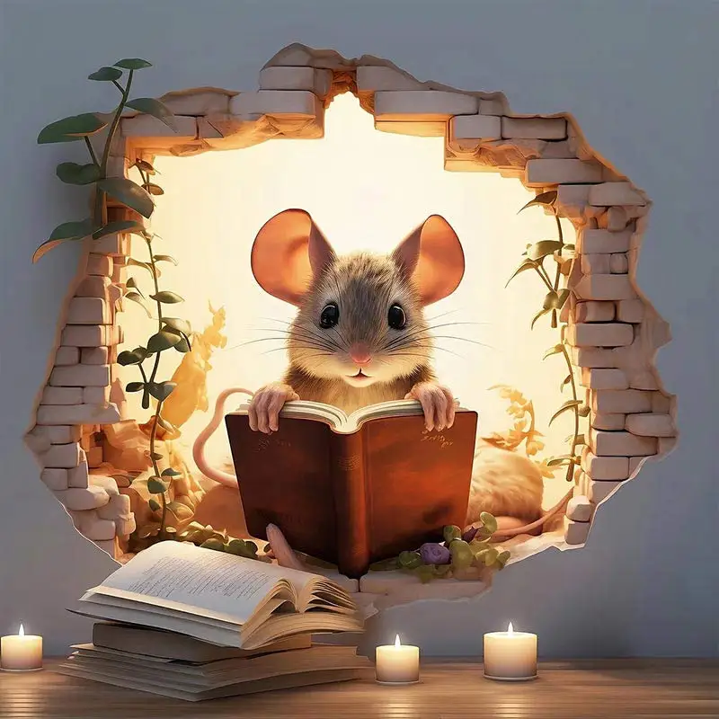M736 Mouse Hole Wall Sticker, Mouse Book Lover's Vinyl Decal, Mouse Reading Decor, Cute Mouse in a Hole, Mouse Sticker - Image 5