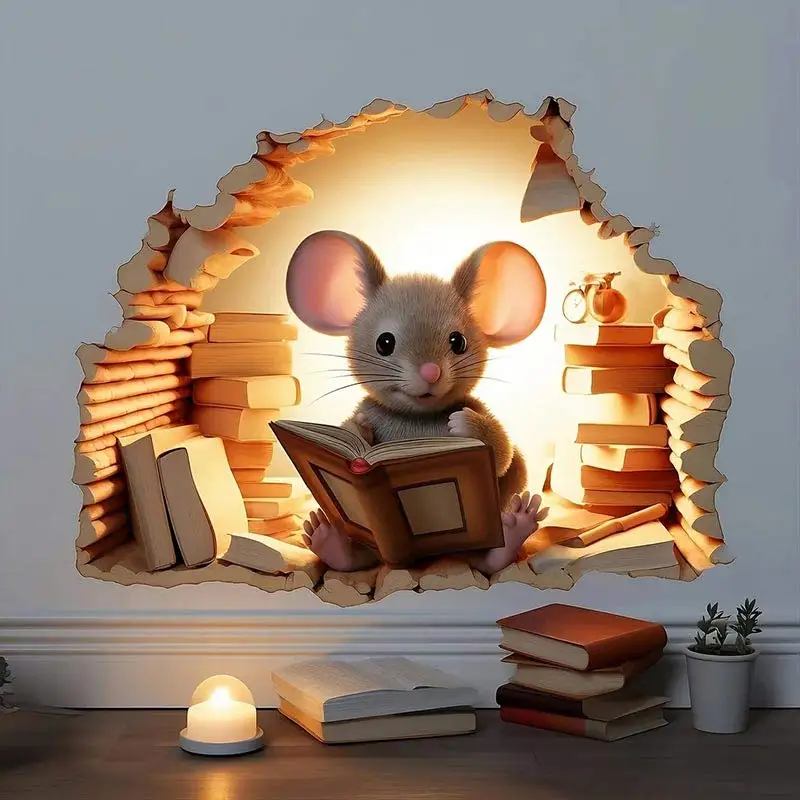 M736 Mouse Hole Wall Sticker, Mouse Book Lover's Vinyl Decal, Mouse Reading Decor, Cute Mouse in a Hole, Mouse Sticker - Image 3