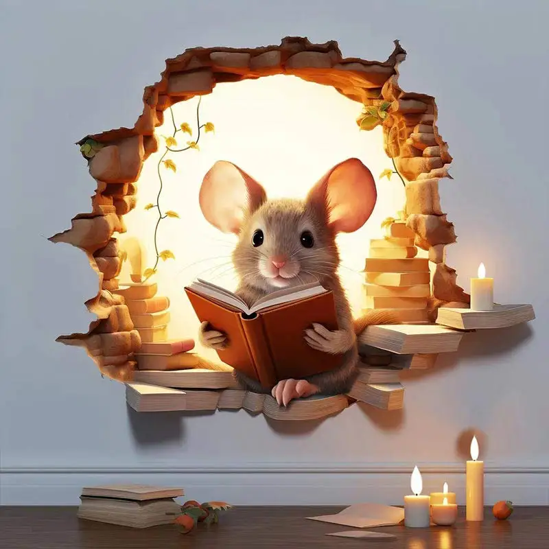 M736 Mouse Hole Wall Sticker, Mouse Book Lover's Vinyl Decal, Mouse Reading Decor, Cute Mouse in a Hole, Mouse Sticker - Image 4
