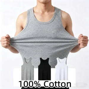 Male's Cotton Sleeveless Breathable T-shirt Solid Color Basic Elastic Tank Top Fitness Bodybuilding Vest Summer Cool Top Clothes