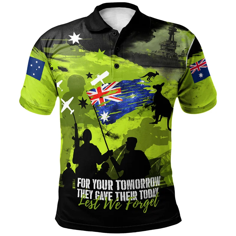 Men Anzac Day Poppy 3D Print Polo Shirt Australian Flag Memorial Short Sleeve Breathable Casual Top For Remembrance Day