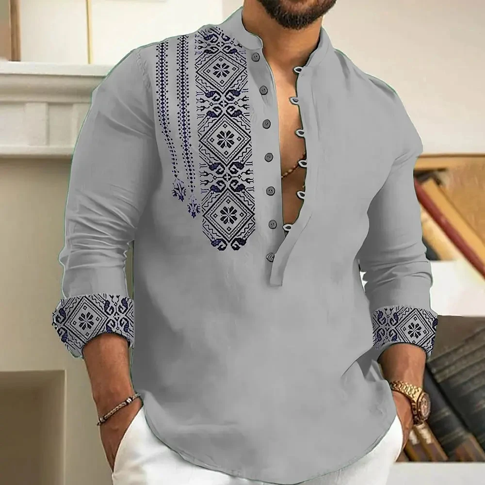 Men's long-sleeved polo shirt linen shirt medieval retro comfortable stand-up collar men's plus size top - Image 2