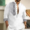 Men's long-sleeved polo shirt linen shirt medieval retro comfortable stand-up collar men's plus size top