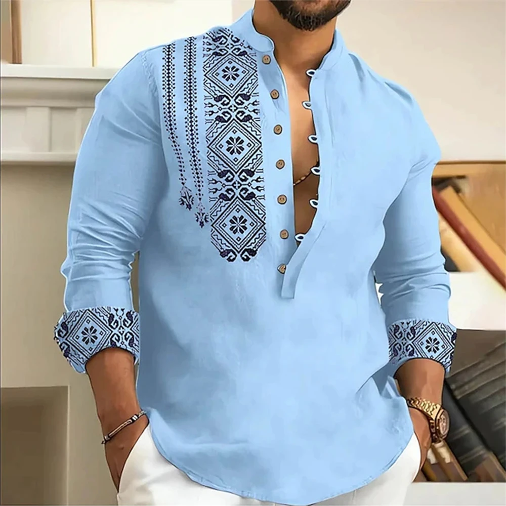 Men's long-sleeved polo shirt linen shirt medieval retro comfortable stand-up collar men's plus size top - Image 4