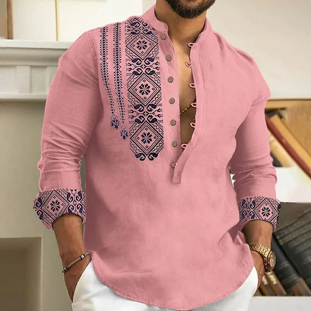 Men's long-sleeved polo shirt linen shirt medieval retro comfortable stand-up collar men's plus size top - Image 3