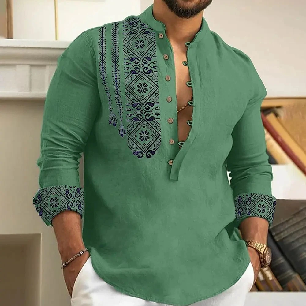 Men's long-sleeved polo shirt linen shirt medieval retro comfortable stand-up collar men's plus size top - Image 5