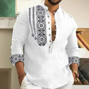 Men's long-sleeved polo shirt linen shirt medieval retro comfortable stand-up collar men's plus size top