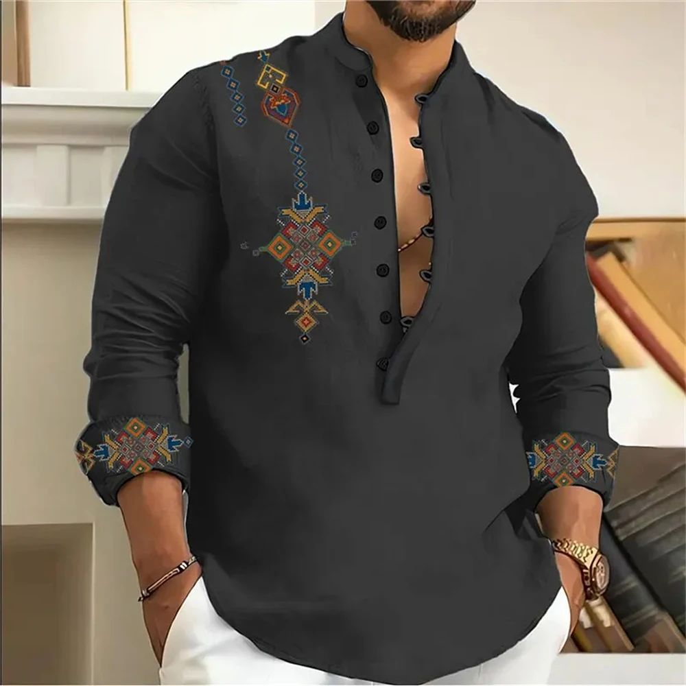 Men's long-sleeved polo shirt linen shirt medieval retro comfortable stand-up collar men's plus size top - Image 6